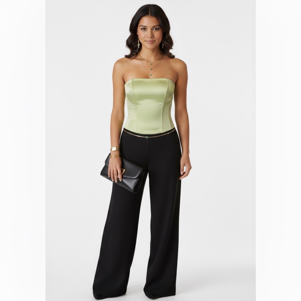 💚 Chartreuse Satin Strapless Corset Top — Michelangelo, Size 4